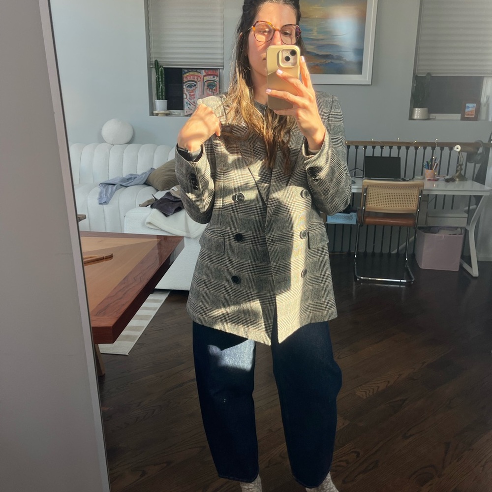 Massimo Dutti Gray Plaid Double-Breasted Blazer